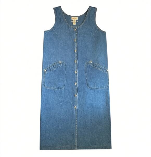 Sag Harbor Dresses & Skirts - Vintage Sag Harbor Denim Dress Women's Sleeveless Button Front Cotton Pockets-XL